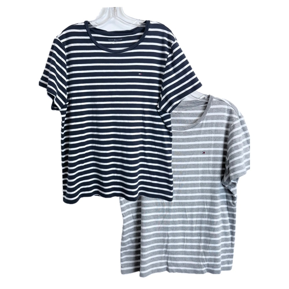 Lot of 2 Tommy Hilfiger Womens XXL Striped T-Shirt Navy Grey Cotton Stretch